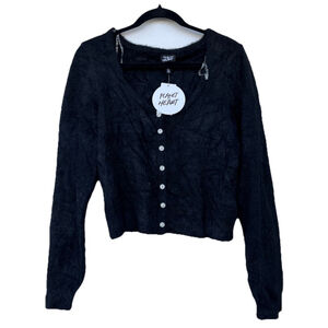 Planet Heart Juniors' Rhinestone-Button Fuzzy Eyelash Cardigan Sweater - Black-L